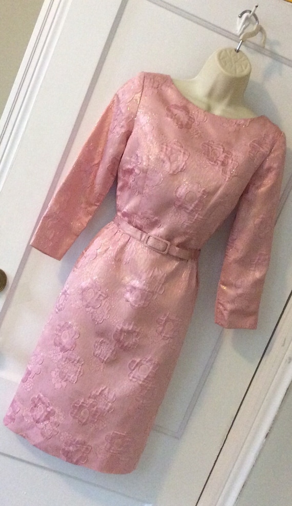 Pink Vintage Belted Brocade Dress - Pink/Gold Flo… - image 2