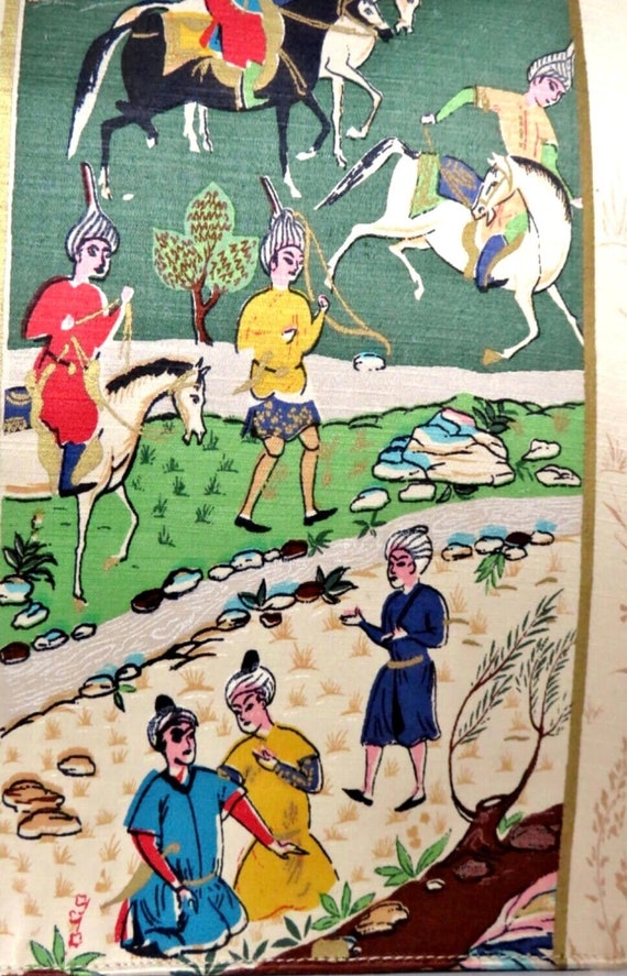 Large Silkscreen Printed Persian/Mughal Scenes 1960’s Vintage Top Handle Attaché Style Square Bag by b.b BERGER View 4
