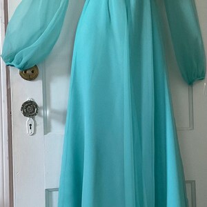 Vintage Unlabelled Beaded Chiffon Deep Turquoise Blue Caftan Dress w Inner Lining