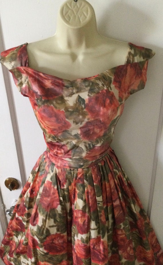 HELGA Rust/Olive Floral 1950’s Fit-and-Flare Dres… - image 2