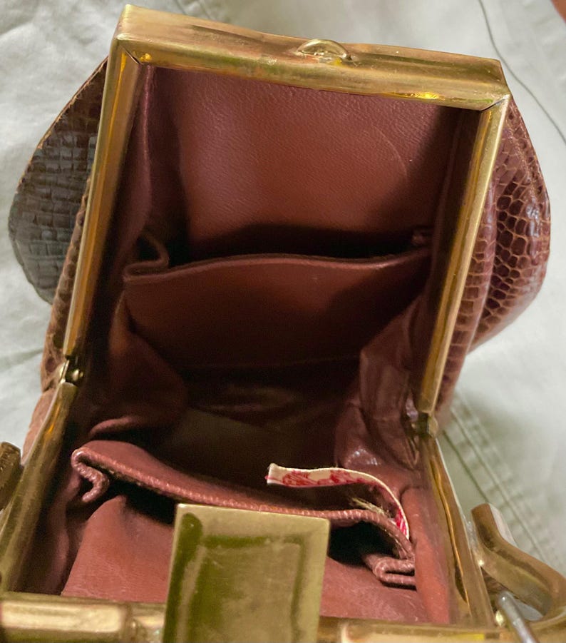 Vintage 1950s Croc Leather Bag - UNIKEL'S Brass Frame Single Strap Handbag bild 9