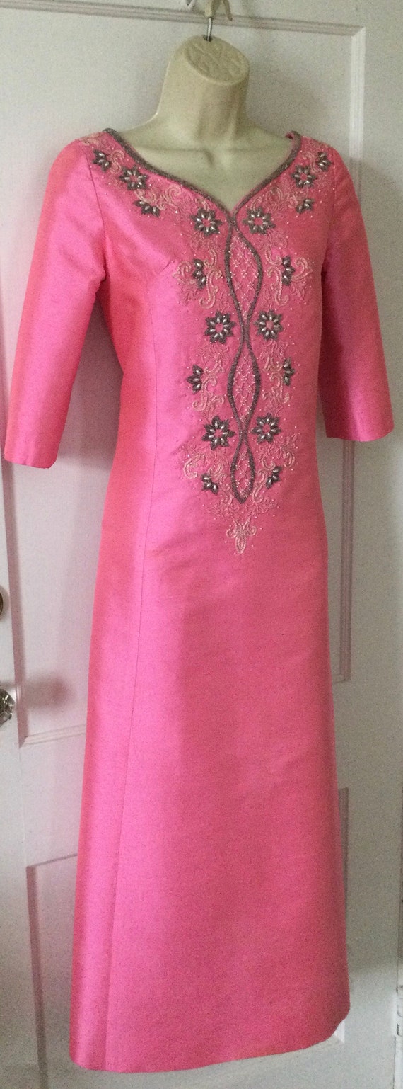 Pink Silk Beaded 1960’s Maxi Dress - Candy- Pink … - image 5