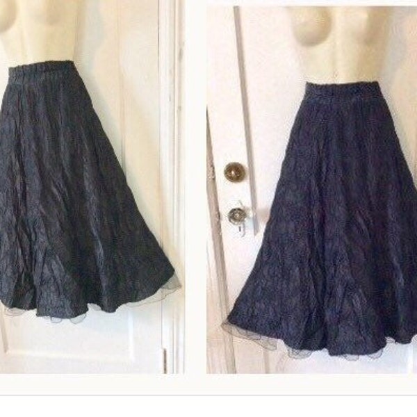 Black Vintage A-Line Skirt - Black Puckered Floral Embossed Elastic Waist 1950’s Vintage A-Line Skirt