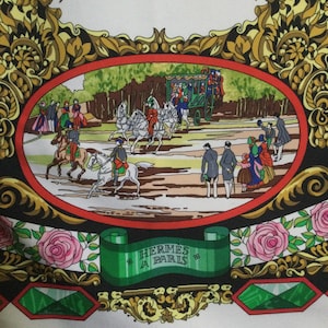 Hèrmes Silk Scarf L’Entente Cordiale - Green/Red/Black 1994 Vintage L’Entente Cordiale Silk Carre Scarf by Loic Dubigeon for Hermès Paris