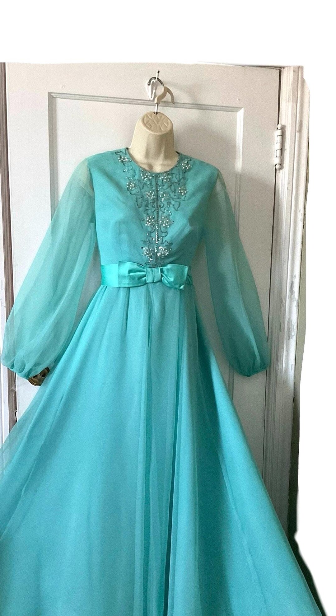 Vintage Turquoise-blue Chiffon Silk Beaded Maxi Dress - Turquoise Blue ...