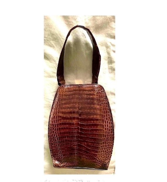 Vintage 1950s Croc Leather Bag - UNIKEL'S Brass Frame Single Strap Handbag