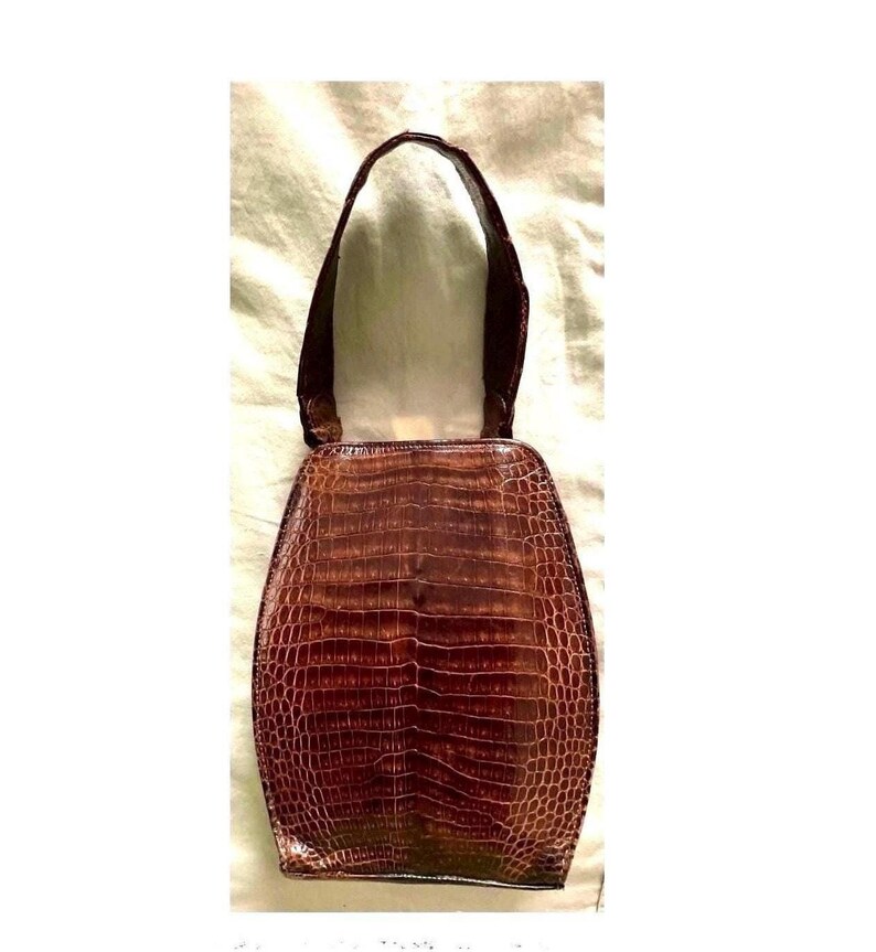 Vintage 1950s Croc Leather Bag - UNIKEL'S Brass Frame Single Strap Handbag bild 1