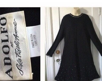 Adolfo Black Vintage A-Line Dress - Black Rhinestones Trim 1960’s Vintage A-Line Knit Dress by ADOLFO for Saks Fifth Avenue
