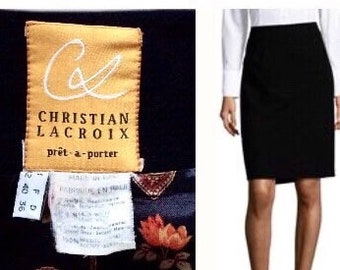 Black Christian Lacroix Skirt - Black Wool Straight 1980’s Vintage Skirt by Christian Lacroix Size 42 (IT) or 6/8 (USA) or 40 (FR)