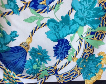 Blue/Gold Silk Floral Vintage Scarf - Blue/Gold/White Floral/Tassel/Ribbon-Print Silk Twill 1990’s Vintage Scarf