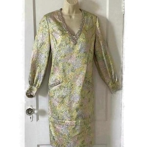 Silver/Green/Pink Floral Embossed Brocade Silk Rhinestones-Trim 1960’s Vintage Long Sleeve Midi Dress by MOLLIE MEISELS Originals