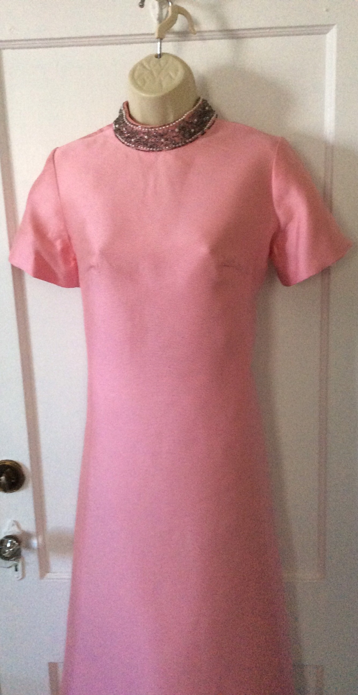Pink Beaded Vintage Maxi Dress Pink Beaded Standing Collar Etsy