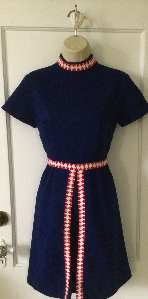 Navy-Blue Short Sleeve 1960’s Vintage Mod Dress -… - image 7