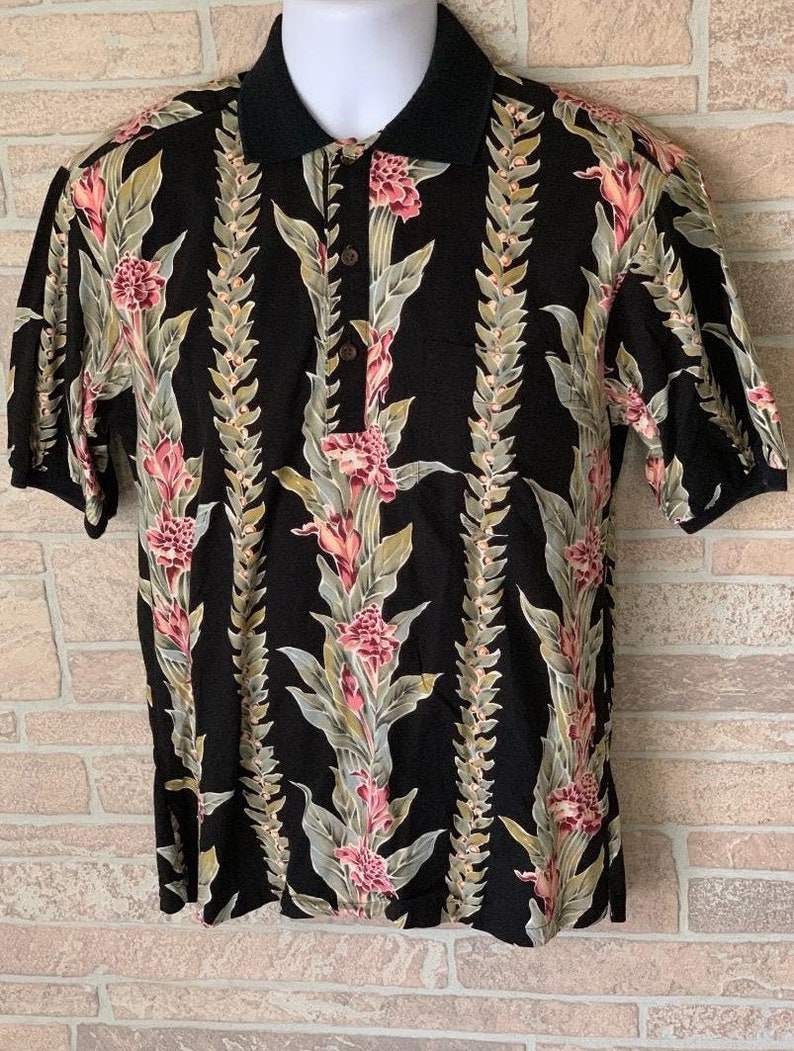 Hawaiian Shirt Tori Richard tropical floral polo black short | Etsy