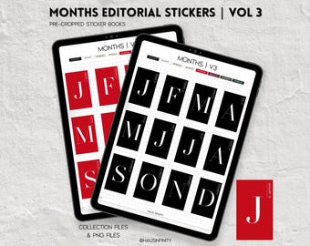 Months Digital Stickers V3, Editorial Magazine Style | Minimal Aesthetic, Goodnotes Collections, Noteful Stickers, Pre-Cropped PNG
