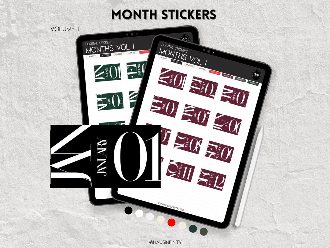 Months Digital Stickers V1, Editorial Magazine Style | Minimal ...