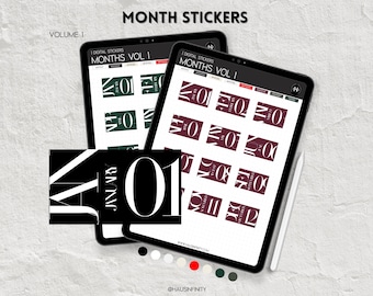 Months Digital Stickers V1, Editorial Magazine Style | Minimal Aesthetic, Goodnotes Collections, Noteful Stickers, Pre-Cropped PNG