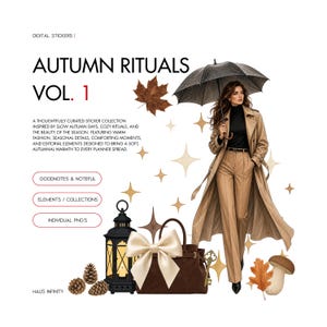 May include: Digital sticker collection titled AUTUMN RITUALS VOL. 1 featuring a person in a tan trench coat holding a black umbrella, a brown handbag with a large cream bow, a black lantern, pinecones, a mushroom, and autumn leaves.