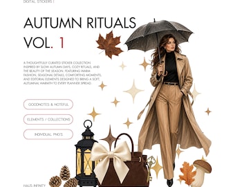 Adesivos digitais Rituais de Outono V1, estilo revista editorial | Estética minimalista de outono, compatível com Goodnotes e Noteful Sticker Books, PNG pré-recortado