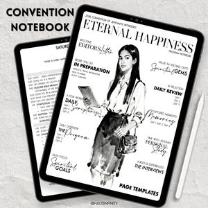 May include: Two black tablets displaying a convention notebook design. The main tablet shows a black and white illustration of a woman and the text "Eternal Happiness". A stylus rests beside the tablet. The text "Convention Notebook" is at the top.