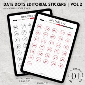May include: Two digital tablets displaying date dots stickers. The stickers are arranged in a circular pattern with numbers from 01 to 31. The text "DATE DOTS EDITORIAL STICKERS | VOL 2" and "PRE-CROPPED STICKER BOOKS" are at the top. The stickers are in red and black.