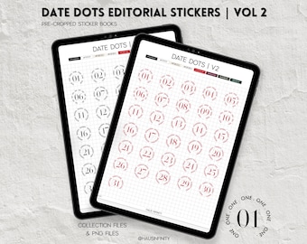Date Dots Digital Stickers V2, Editorial Magazine Style | Minimal Aesthetic, Goodnotes Collections, Noteful Stickers, Pre-Cropped PNG