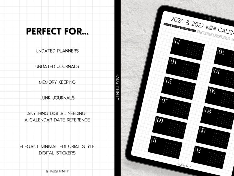 2026 & 2027 Mini Calendar Digital Stickers V1, Editorial Minimal ...
