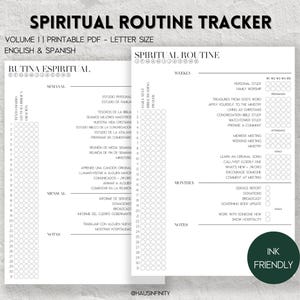 Può includere: Un tracker di routine spirituale PDF stampabile, in inglese e spagnolo. Il design è minimalista con sfondo bianco e testo nero. Il tracker include sezioni per attività settimanali e mensili.