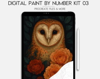 Procreate Paint By Number Digital Kit For Adult Coloring | Owl PBN 03 | Procreate File & Color Palette | Instant Download | Blk and Grey PNG