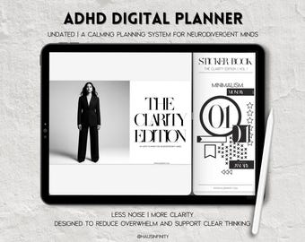 ADHD DIGITAL PLANNER |  Neurodivergent Friendly Editorial Minimalist, Hyperlinked All In One Daily, Weekly, Monthly Planner, Audhd Journal