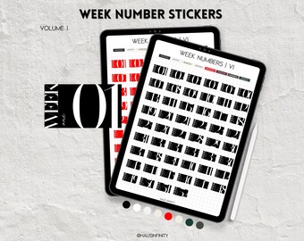 Week Number Digital Stickers V1, Editorial Magazine Style Minimal Aesthetic, Sticker Books, Goodnotes & Noteful Stickers, Pre-Cropped PNG’s