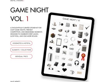 Game Night Digital Stickers V1, Editorial Magazine Style | Minimal Aesthetic, Goodnotes Collections, Noteful Stickers, Pre-Cropped PNG