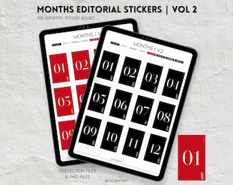 Months Digital Stickers V2, Editorial Magazine Style | Minimal Aesthetic, Goodnotes Collections, Noteful Stickers, Pre-Cropped PNG