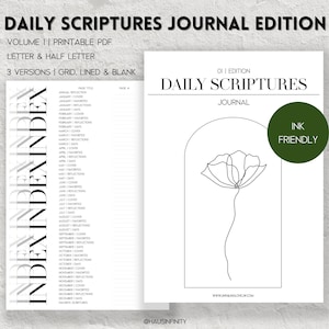 Op de afbeelding: Een witte, afdrukbare PDF-journal met de tekst "Daily Scriptures Journal Edition". Het tijdschrift bevat een index en een bloemenlijntekening. De omslag bevat de tekst "Ink Friendly".