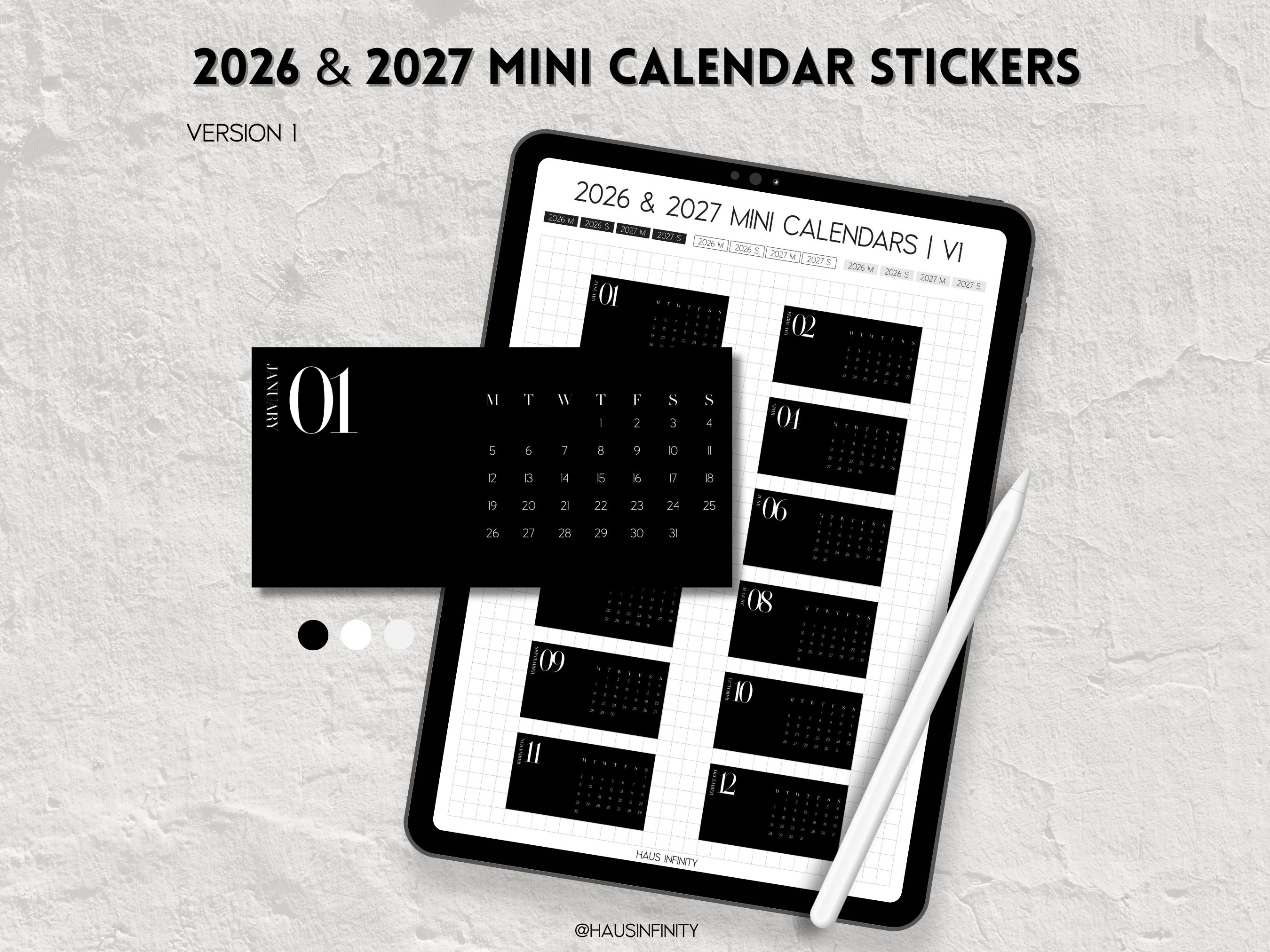 2026 & 2027 Mini Calendar Digital Stickers V1, Editorial Minimal ...
