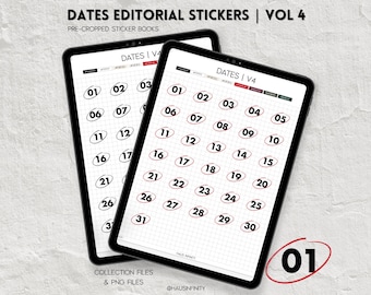 Dates Digital Stickers V4, Editorial Magazine Style Minimal Aesthetic, Pre-Cropped Sticker Books for Goodnotes & Noteful, Individual PNG’S