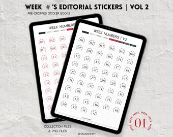 Week Number Digital Stickers V2, Editorial Magazine Style Minimal Aesthetic, Sticker Books, Goodnotes & Noteful Stickers, Pre-Cropped PNG’s