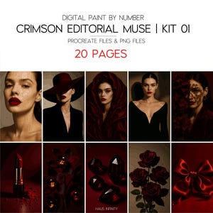 May include: A digital art kit titled "Crimson Editorial Muse | Kit 01" with Procreate and PNG files. The image features a collage of portraits and still-life images in shades of red, including lipstick, roses, and a satin bow. The text reads "20 PAGES".