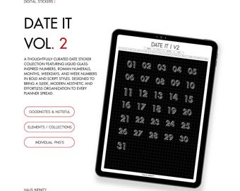 Adesivos digitais de calendário com palavras, dias e datas V2 - Livros de adesivos pré-recortados e com hiperlinks para Goodnotes, Noteful-Stickers e PNGs.