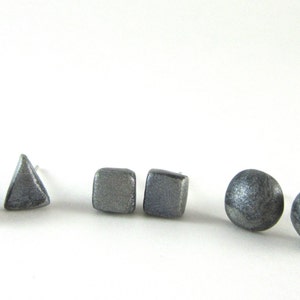 Grey Clay Geometric Stud Earrings / Dainty Polymer Clay Earrings / Trio of Glitter Gray Earrings