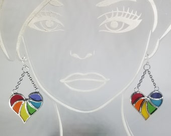 Rainbow heart earrings, stained glass rainbow heart earrings, pride jewelry, rainbow pride earrings