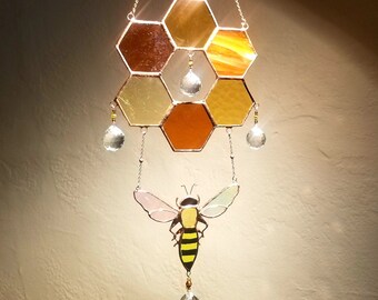 Stained glass honeycomb and bee suncatcher, rainbow making suncatcher, glass crystals, glass prisms, bee lovers art, bee gifts, Mother's day