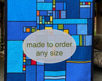 Modern Custom Quilt. GLASSWORKS design. Made-to-order in any size: King Queen Full Twin Throw Lap. Mid-century inspired, contemporary