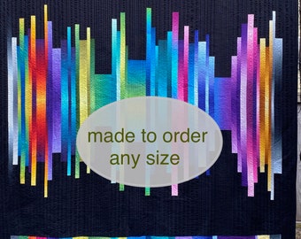 Modern Custom Quilt MIDNIGHT RAINBOW design. Made-to-order in any size: King Queen Full Twin Throw Lap. Rainbow ombres on a black background