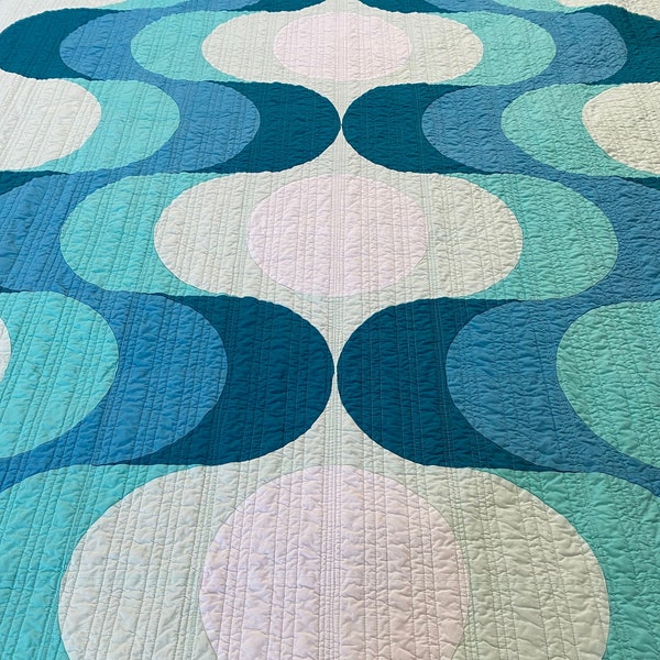 Modern quilt handmade throw TIDAL Contemporary, mid-century inspired, geometric. Mod curves in shades of seafoam, aqua, turquoise 63” x 68”