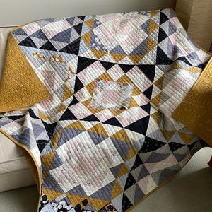 Handmade Modern Throw Quilt: NUTMEG. interwoven diamond design. Ochre Pink Gray, 63&quot; x 64&quot;