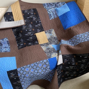Modern Throw Quilt: GROUNDED Handmade Mid-Century Design, Brown, Blue, and Gray (52” x 64”)