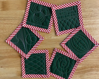 Fabric coasters. Set of 6. Green with red and white stripe binding.  Christmas table decor. Housewarming gift, kitchen gift.  4 " square.