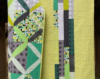 Modern quilt handmade throw | CITRUS LATTICE | Graphic design, subtle palette, modern fabrics. Lime, citrine, blue, black, gray.  56” x 63”