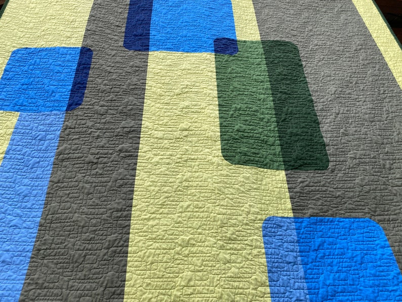 Modern Quilt JUNIPER BERRY Minimal, mid-century inspired design. Shades of green & blue in transparency effect. Handmade throw 64 x 67 image 4